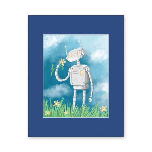 Bot in Field art print in a blue 11x14 mat