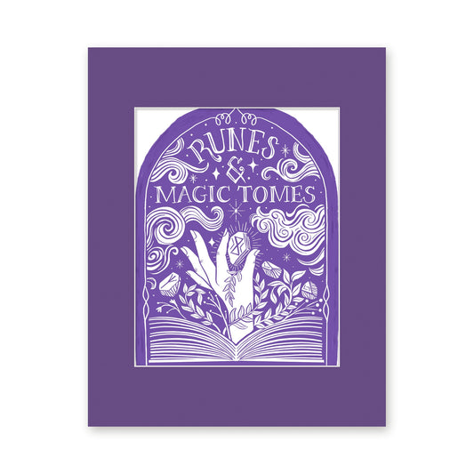 Runes & Magic Tomes art print in a purple 11x14 mat