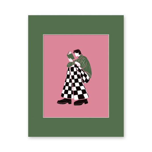 Book Boy art print in a green 11x14 mat