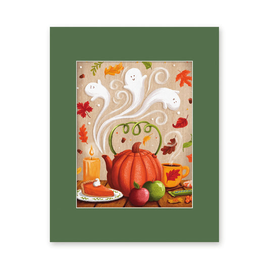 Happy Fallidays Ghosts Teapot art print in a green 11x14 mat