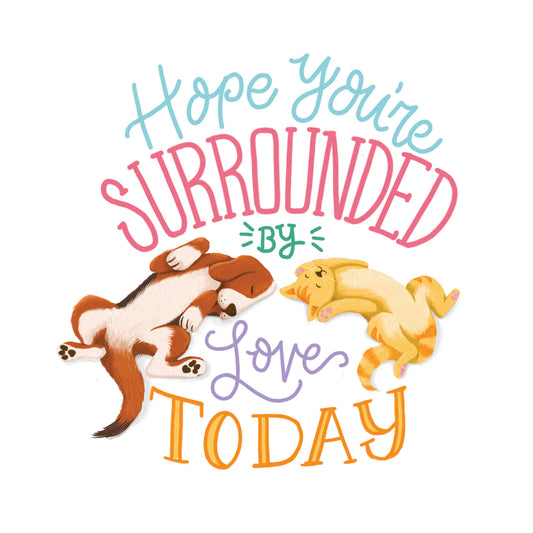 Cute Birthday Card with Dogs and Cats – Cozy Breakfast in Bed Birthday Card