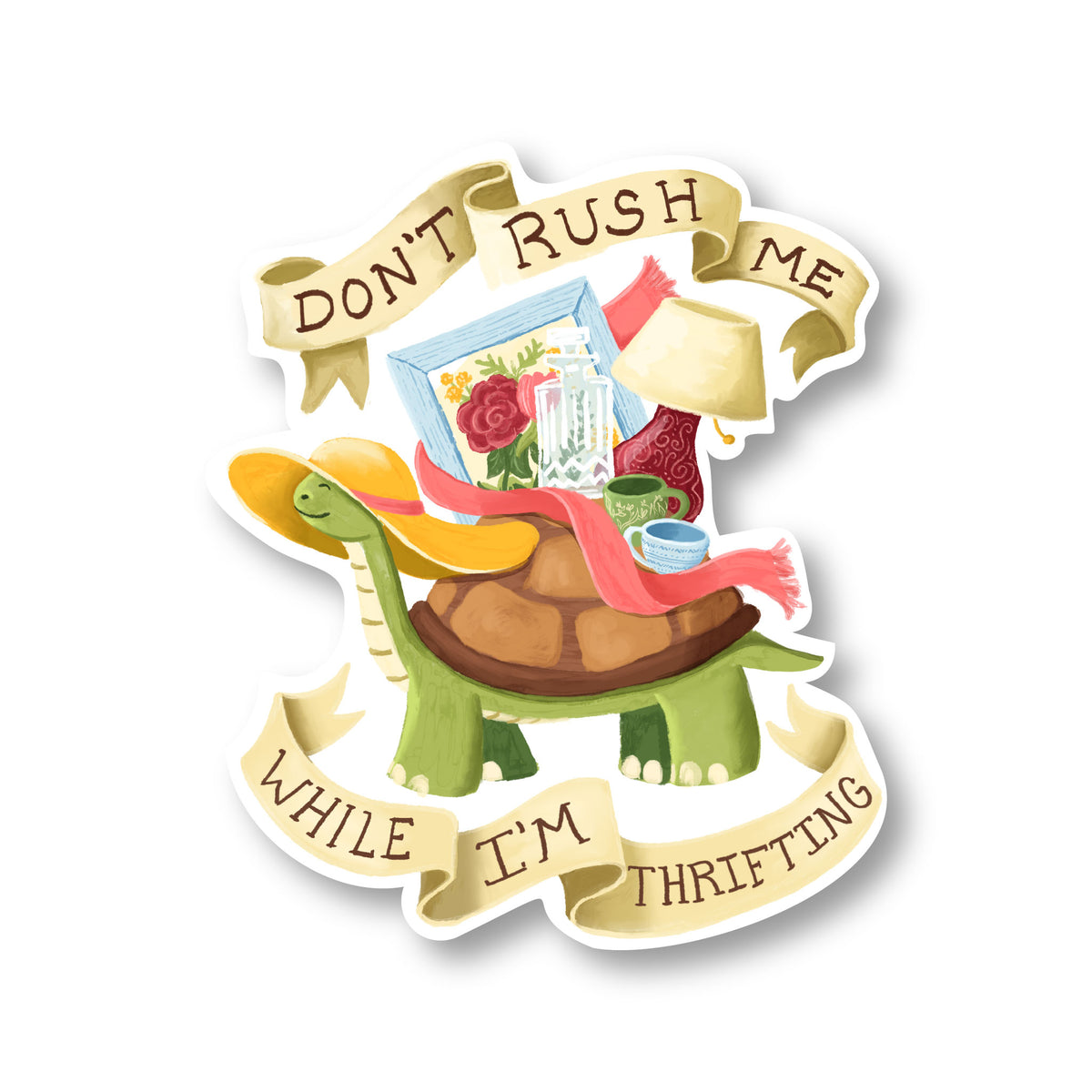 Funny thrifting sticker with vintage shopping illustration for laptops and water bottles.