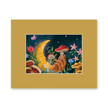 Mushroom Moon 5x7 art print in a gold 8x10 mat