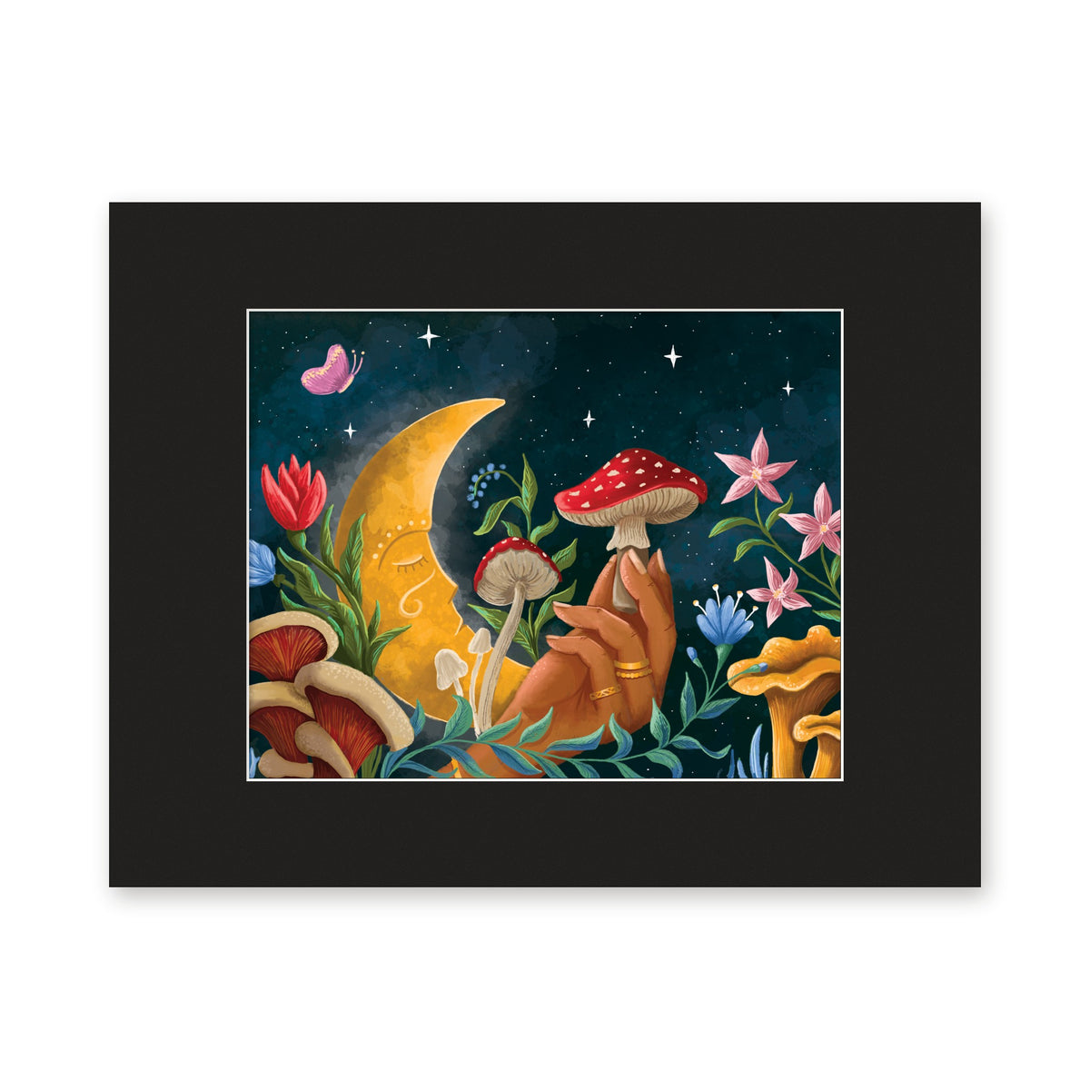Mushroom Moon 8x10 art print in a black 11x14 mat