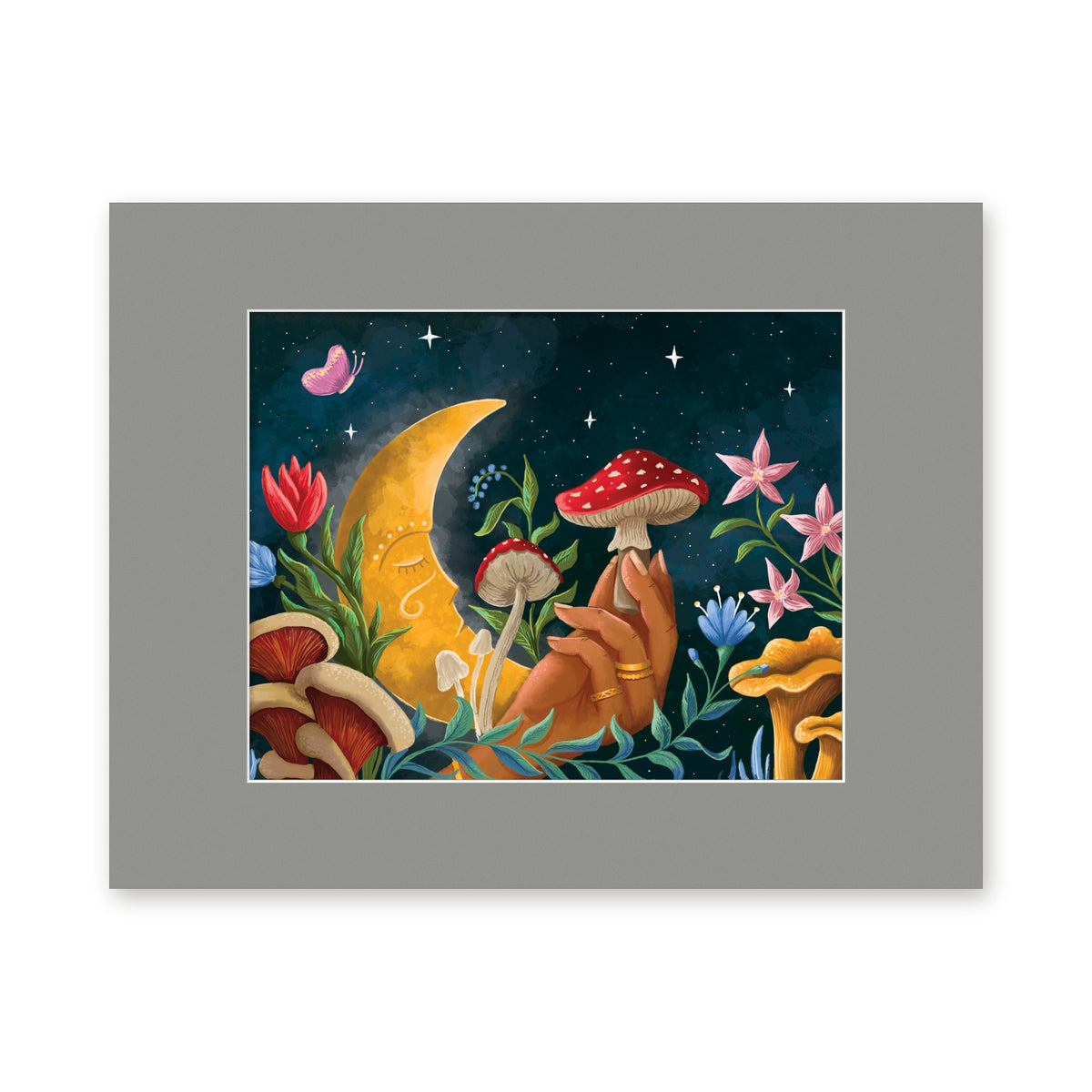 Mushroom Moon 8x10 art print in a gray 11x14 mat
