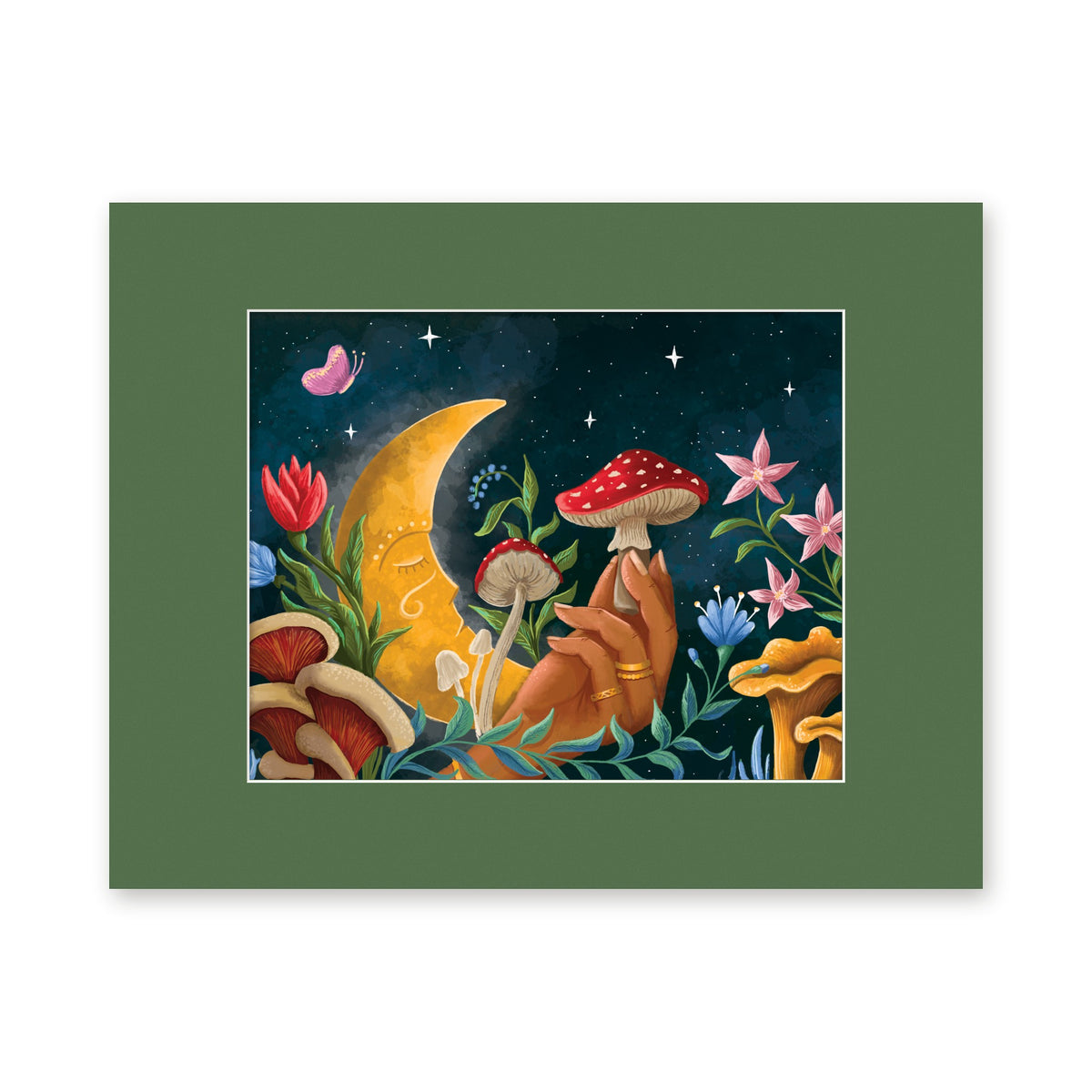 Mushroom Moon 8x10 art print in a green 11x14 mat