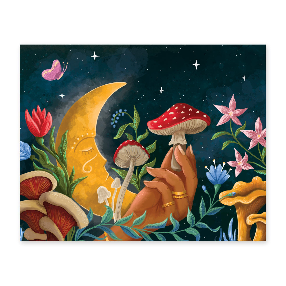 Mushroom Moon art print, full illustration of a sleepy crescent moon among mushrooms and wildflowers