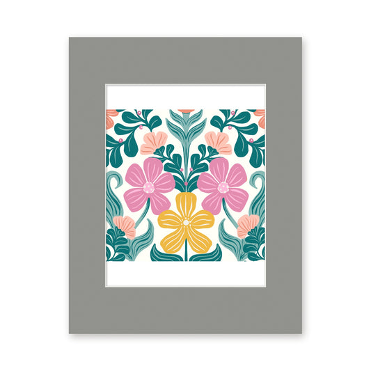 Retro Floral art print in a gray 11x14 mat
