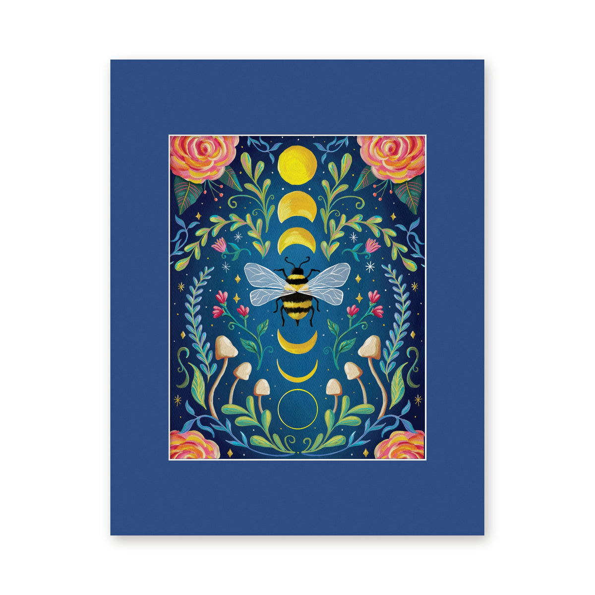 Moon Bee art print in a blue 11x14 mat