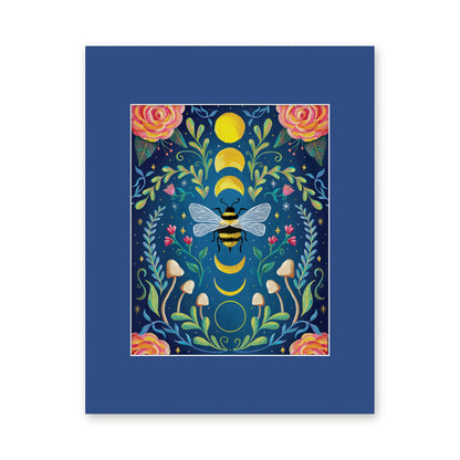 Moon Bee art print in a blue 11x14 mat