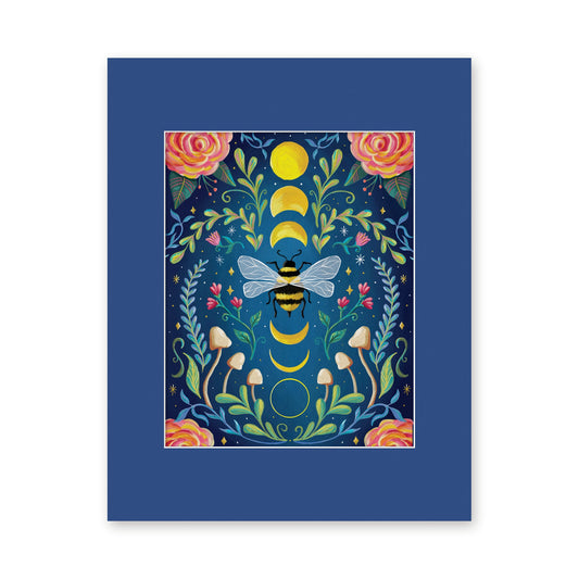 Moon Bee art print in a blue 11x14 mat