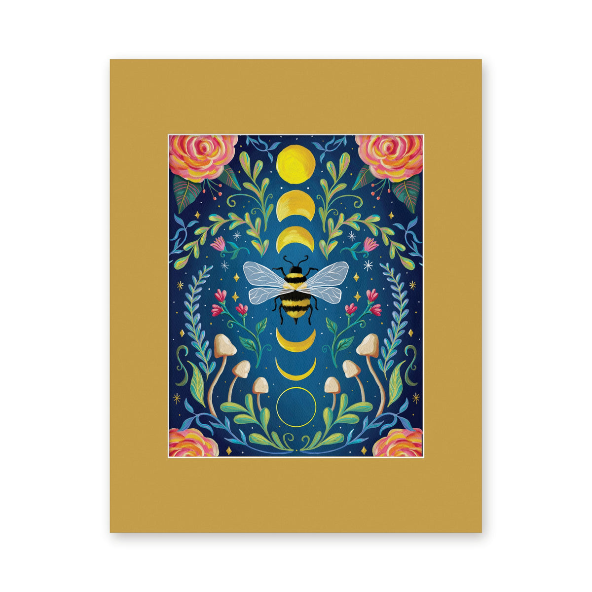 Moon Bee art print in a gold 11x14 mat
