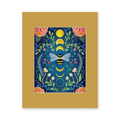 Moon Bee art print in a gold 11x14 mat
