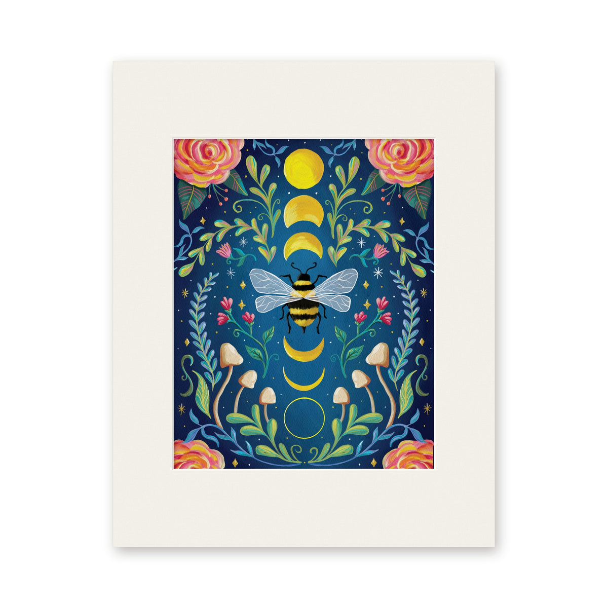 Moon Bee art print in a white 11x14 mat