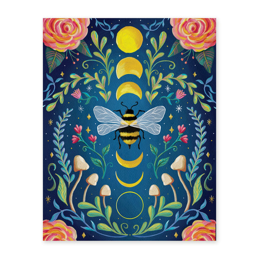 Moon Bee art print, full illustration of a bumblebee among moon phases, roses, and mushrooms