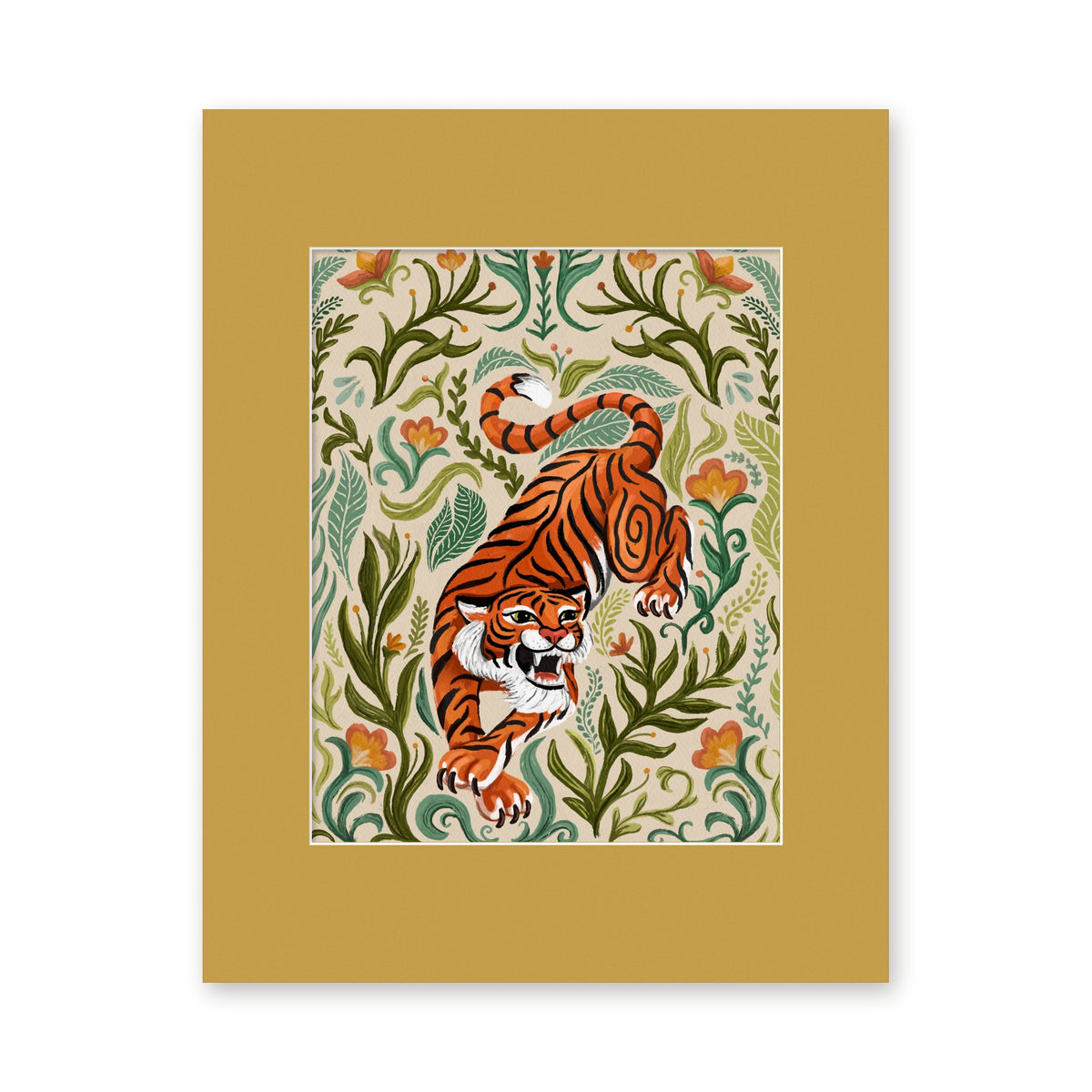 Tiger art print in a gold 11x14 mat