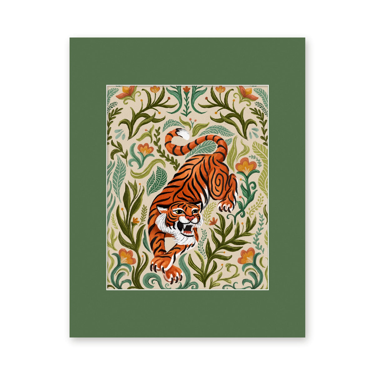 Tiger art print in a green 11x14 mat