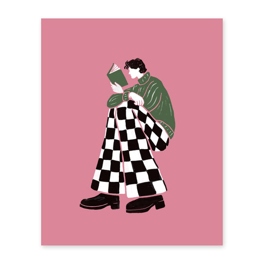 Book Boy art print, full illustration of a reader in checkered pants on a pink background