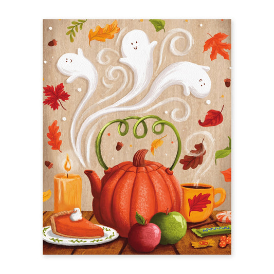 Happy Fallidays Ghosts Teapot art print, full illustration