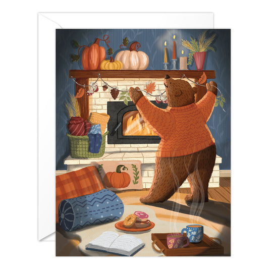 Cozy Fall Card – Autumn Bear Fireplace Greeting Card
