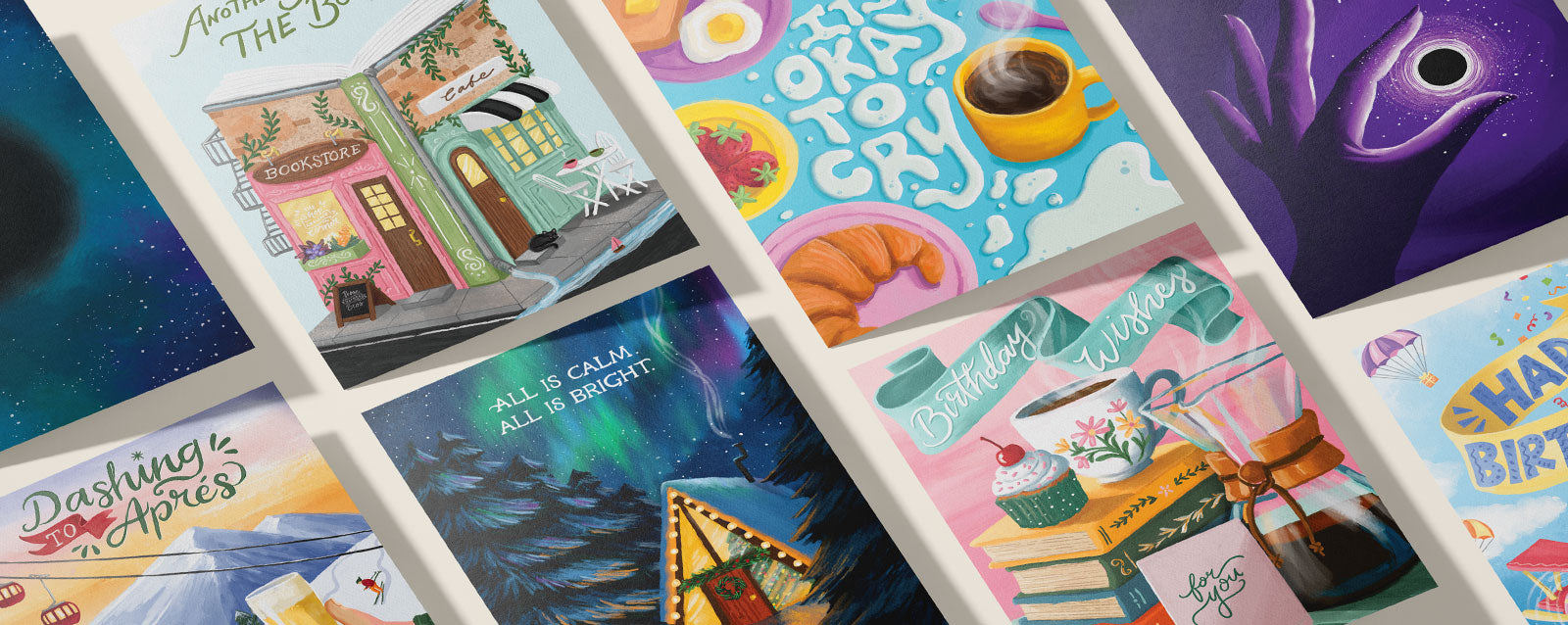 Collection of colorful Golden Peach Greetings cards with various designs and text.