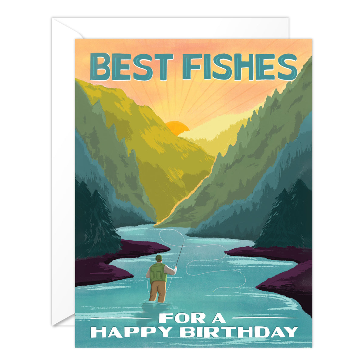 Illustrated river fishing scene birthday card with a punny Best Fishes design