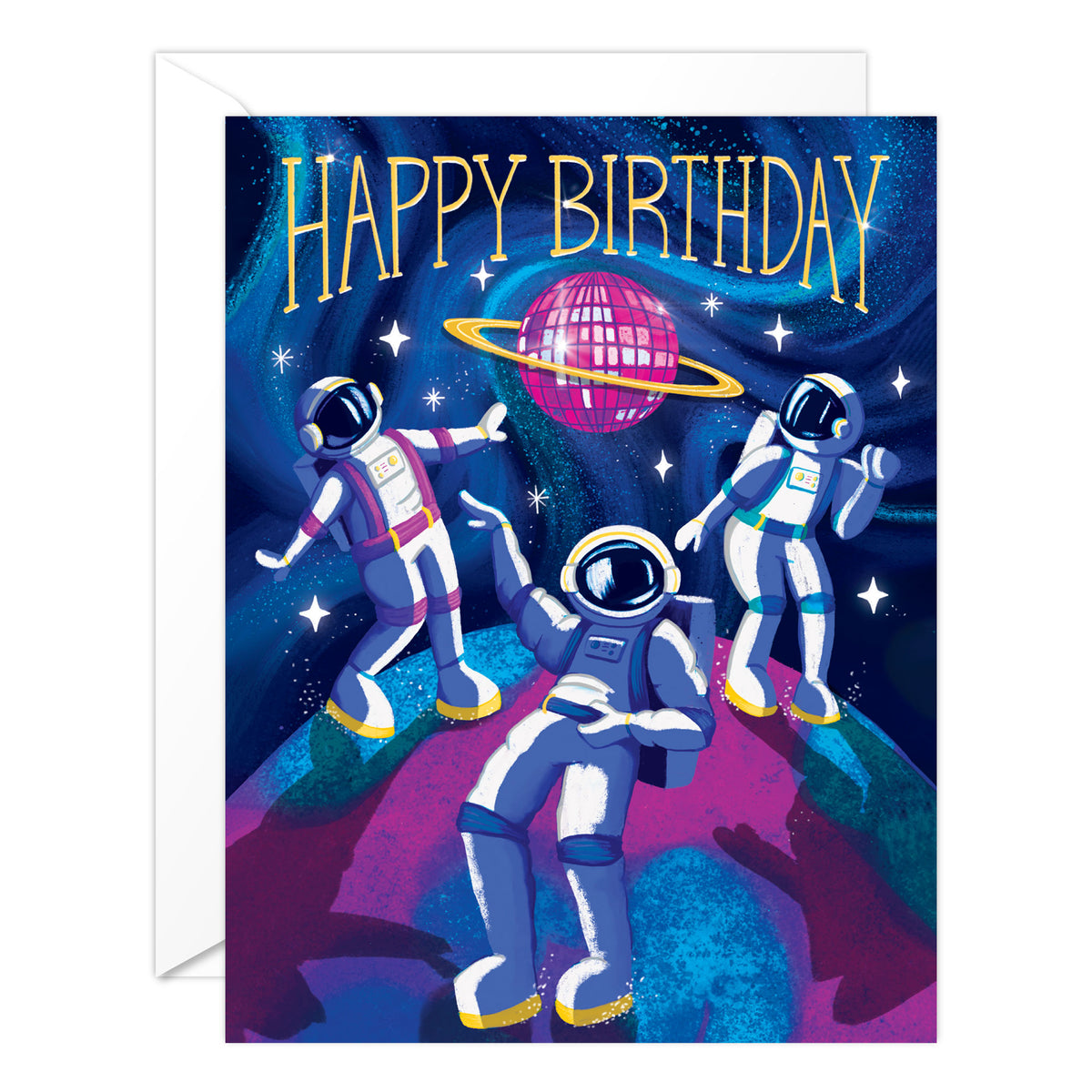 Gold foil greeting card illustration of an astronaut disco dancing among the stars