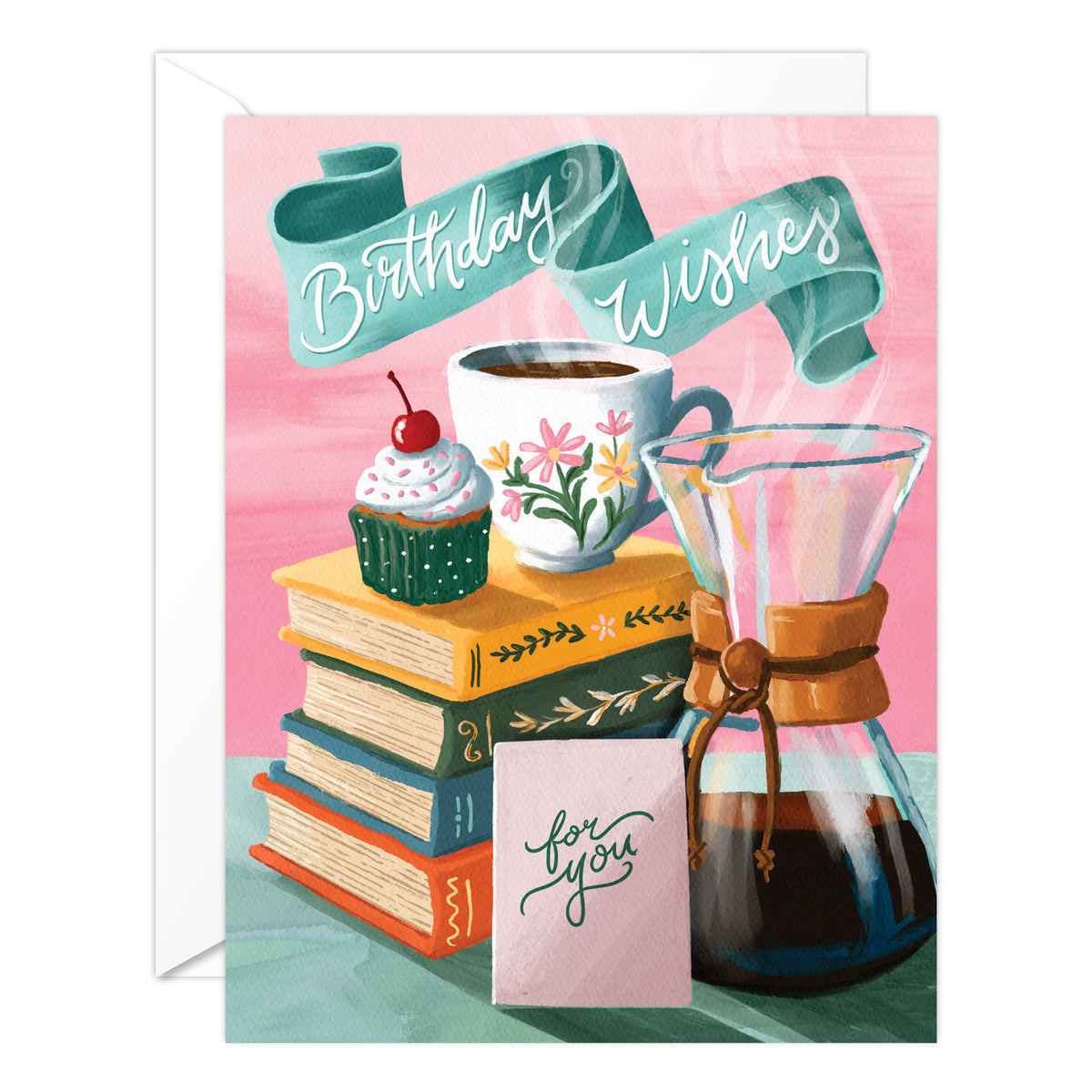 Illustrated still life of books, coffee, and cupcakes birthday card