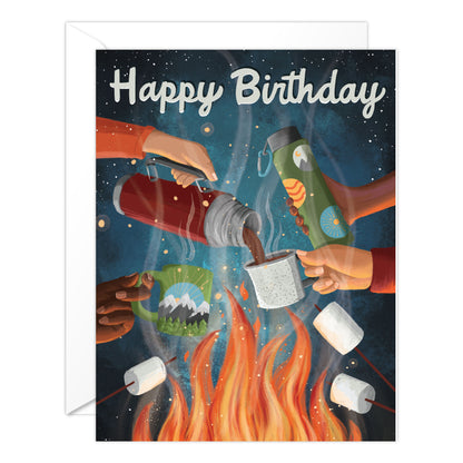 Camping Birthday Card – Cozy Campfire Coffee Outdoor Birthday Card
