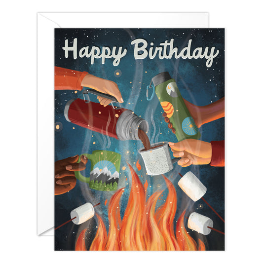Camping Birthday Card – Cozy Campfire Coffee Outdoor Birthday Card