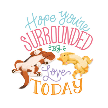 Cute Birthday Card with Dogs and Cats – Cozy Breakfast in Bed Birthday Card