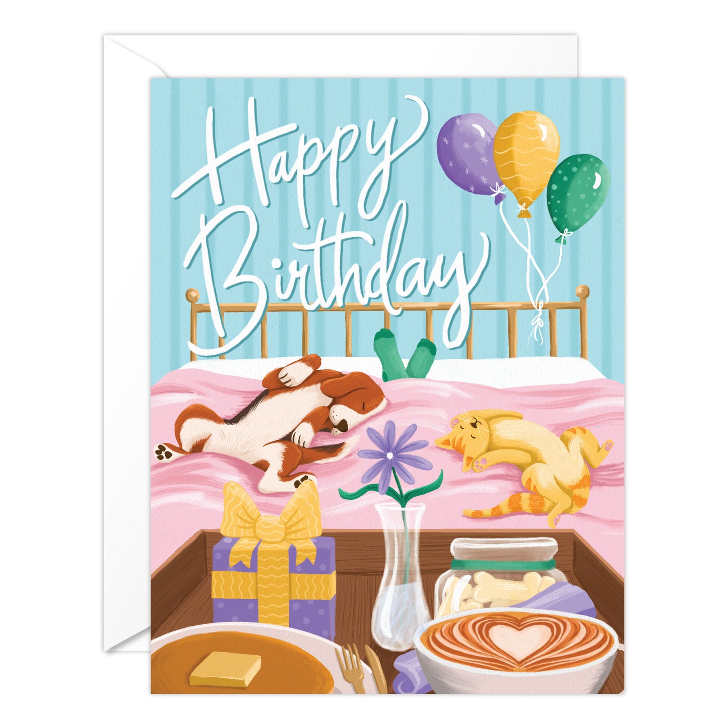 Cute Birthday Card with Dogs and Cats – Cozy Breakfast in Bed Birthday Card