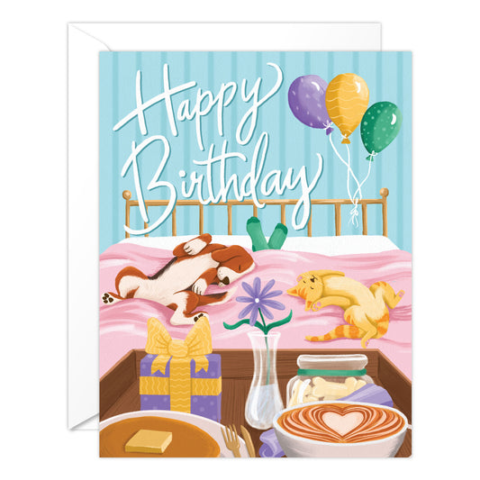 Cute Birthday Card with Dogs and Cats – Cozy Breakfast in Bed Birthday Card