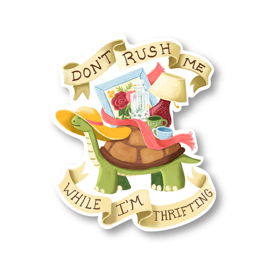 Funny thrifting sticker with vintage shopping illustration for laptops and water bottles.