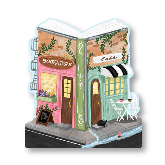 Cozy book café sticker featuring an illustrated bookstore and coffee shop storefront.