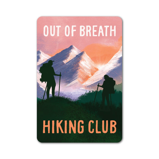 Out of Breath Hiking Club sticker with illustrated mountain trail scene.