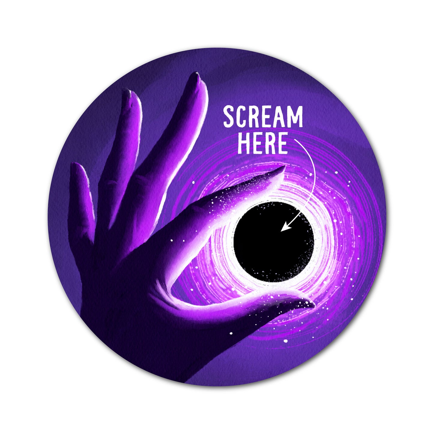 Scream Here sticker featuring a purple cosmic black hole illustration.