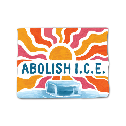 Abolish I.C.E. sticker with bold illustrated lettering and graphic background.