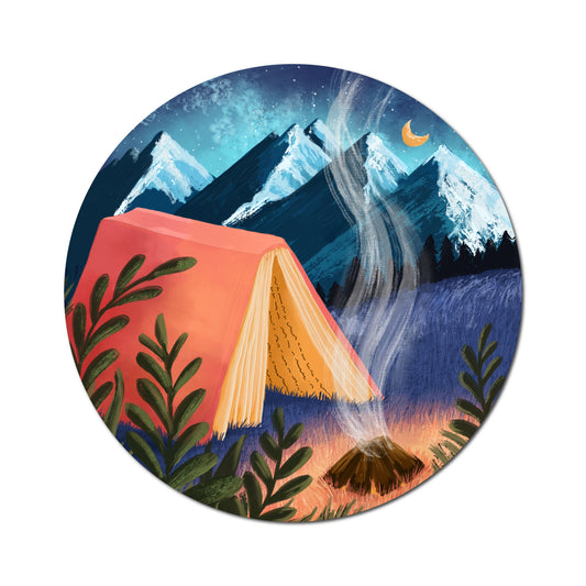 Book Camp sticker featuring a tent, mountains, and outdoor reading vibes.
