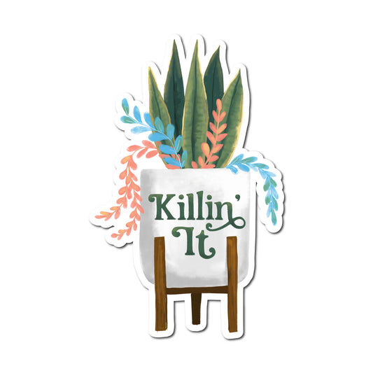 Killin’ It plant sticker featuring an illustrated chair and houseplants.