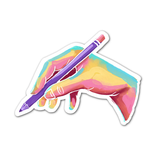 Drawing hand sticker featuring a colorful illustrated hand holding a pencil.