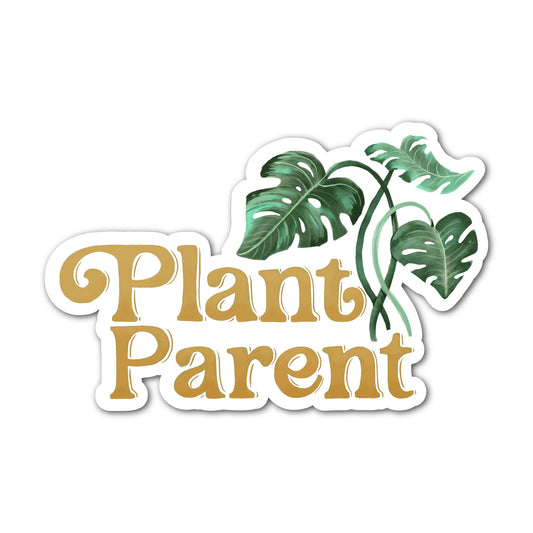 Plant Parent sticker with leafy lettering and botanical illustration.