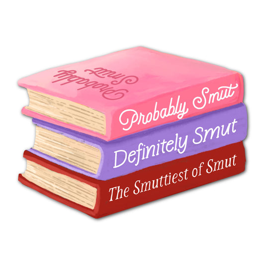 Smut Stack sticker featuring a stack of spicy romance books.
