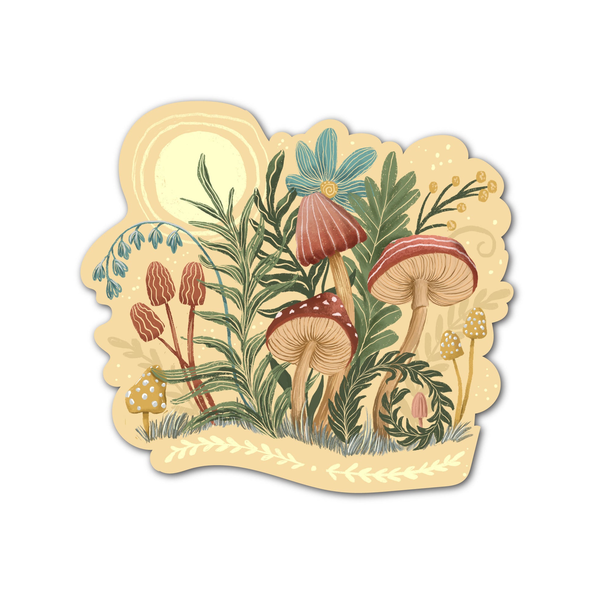 Sunshine mushrooms sticker featuring earthy mushroom and botanical illustration.