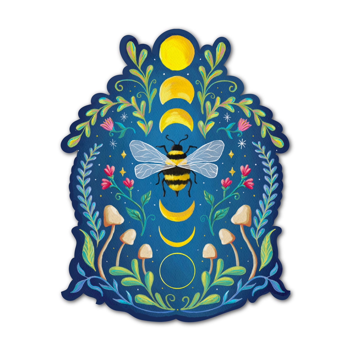Moon bee sticker featuring bee, moon phases, and botanical illustration.