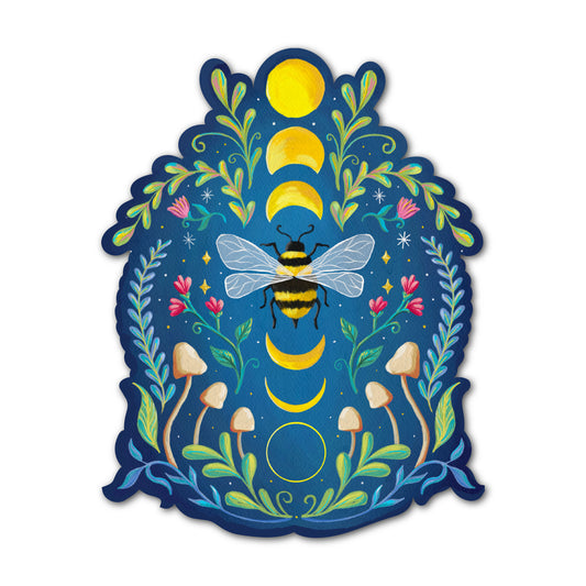 Moon bee sticker featuring bee, moon phases, and botanical illustration.
