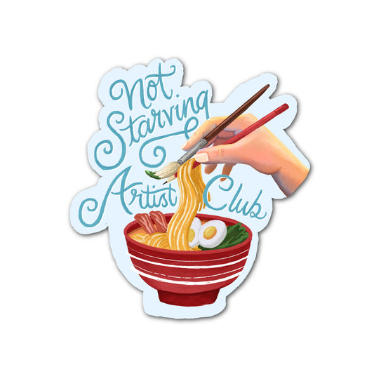 Funny artist sticker ‘Not Starving Artist Club’ ramen bowl illustration vinyl sticker for laptop or water bottle.