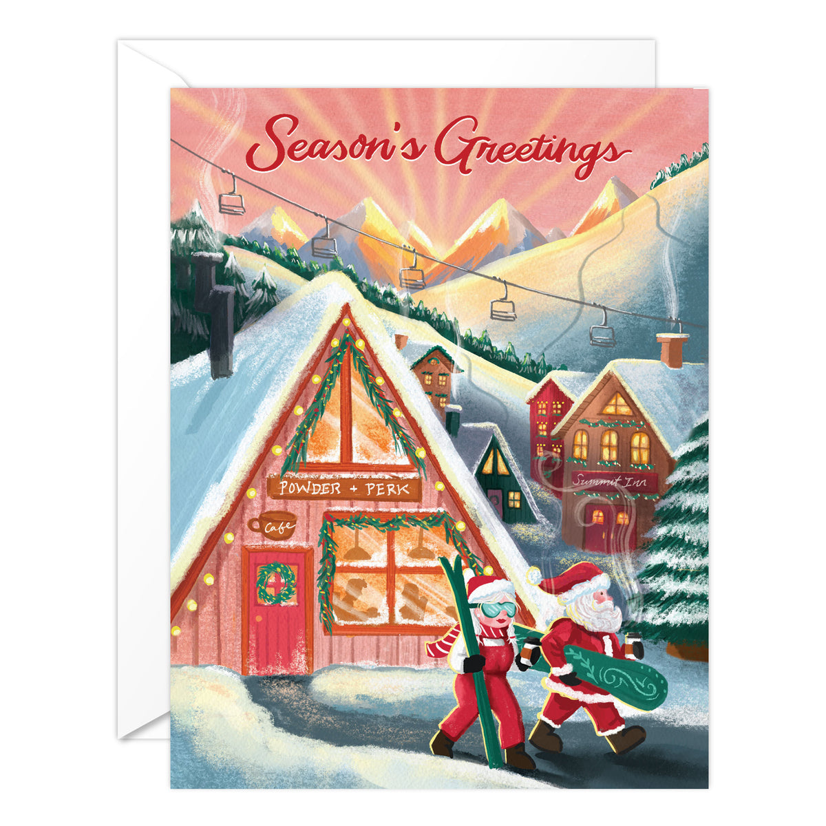 Illustrated Santa and Mrs. Claus skiing and drinking coffee, holiday card design